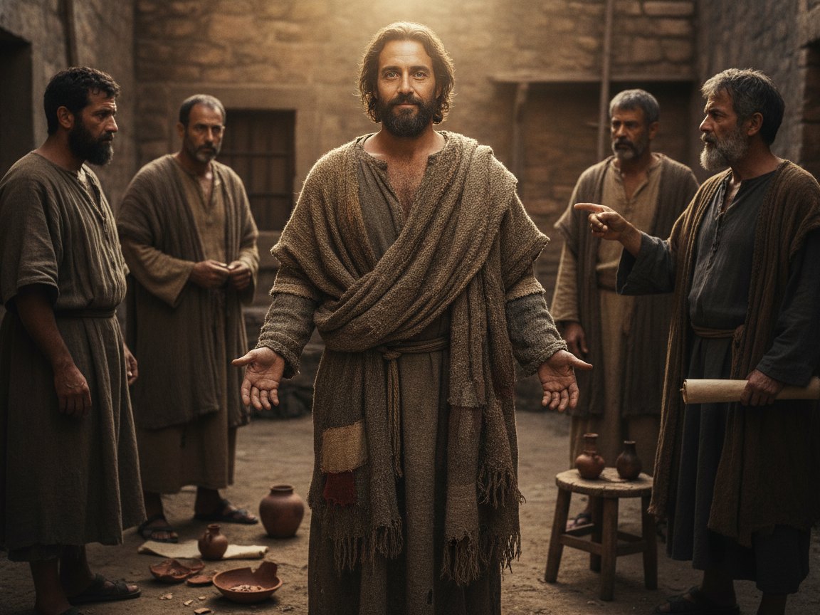 Homem em roupas rústicas fala com serenidade diante de acusadores, envolto por suave luz celestial, sinal da presença do Espírito.