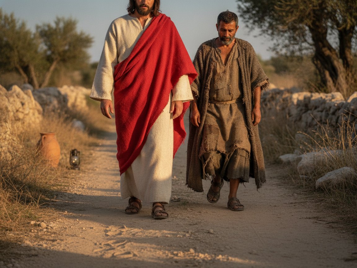Discípulo em roupas rústicas caminhando humildemente atrás de Jesus, seguindo seus passos por uma estrada da Galileia.