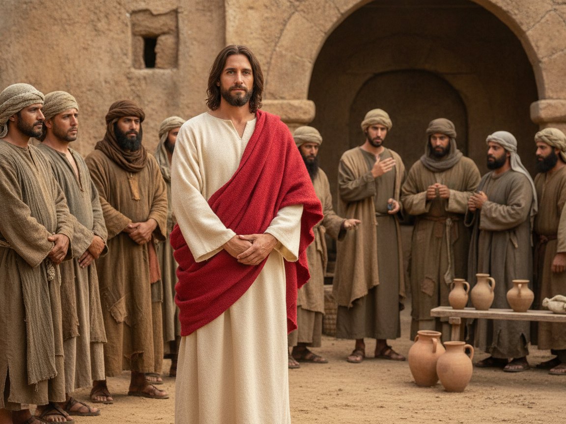 Jesus de túnica creme e manto vermelho sereno enquanto críticos murmuram acusações ao fundo, seus discípulos ao lado.