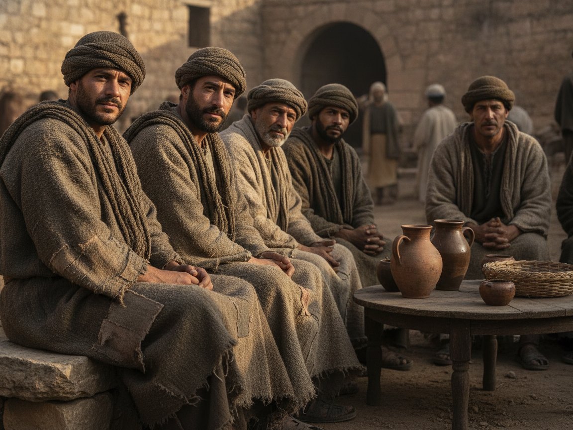Grupo diverso de homens em roupas rústicas reunidos ao redor de Jesus, rostos de origens variadas, ao amanhecer.
