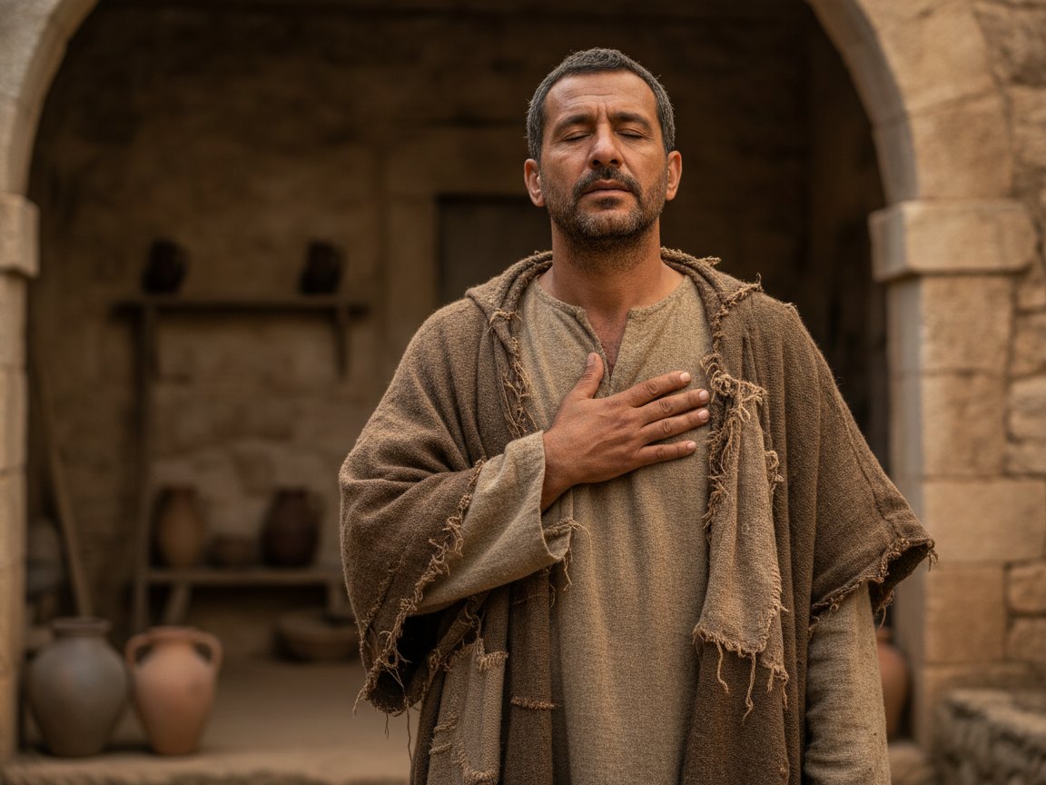 Pessoa em roupas rústicas com a mão sobre o peito, semblante de devoção, simbolizando Cristo no primeiro lugar do coração.