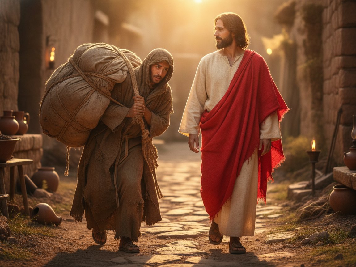 Pessoa em roupas rústicas segue Jesus por um caminho ao entardecer, carregando simbolicamente o peso de uma entrega, rumo à luz.