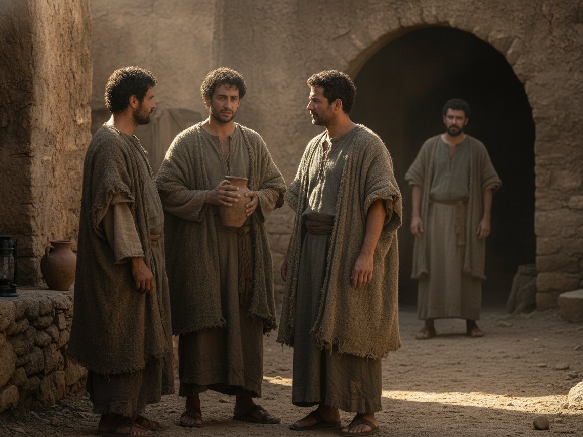 Dois homens em roupas rústicas ao lado de Jesus, um sereno e outro com olhar sombrio e afastado, ao entardecer.