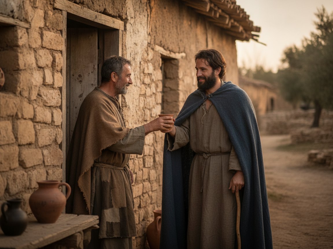 Anfitrião em roupas rústicas oferecendo hospitalidade calorosa a um profeta viajante à porta de uma casa modesta, luz dourada.