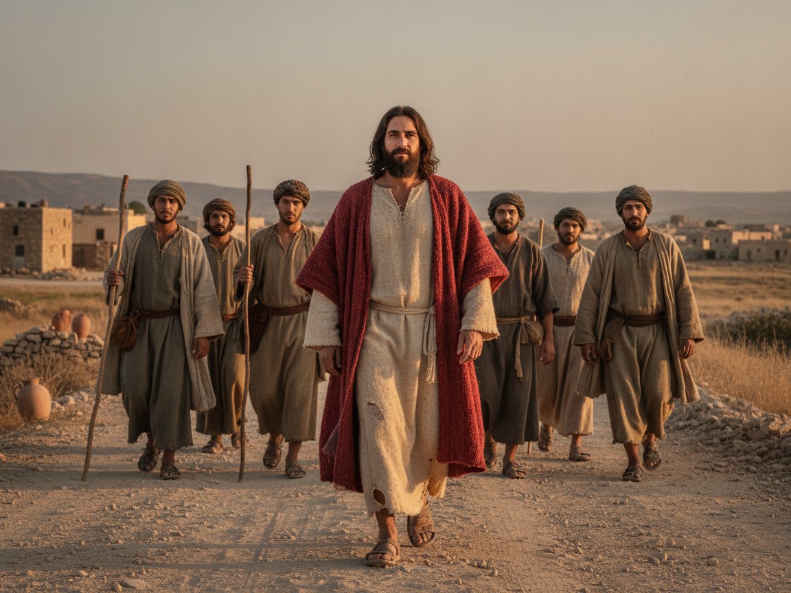 Jesus caminhando por uma cidade da Galileia, ensinando e pregando ao povo