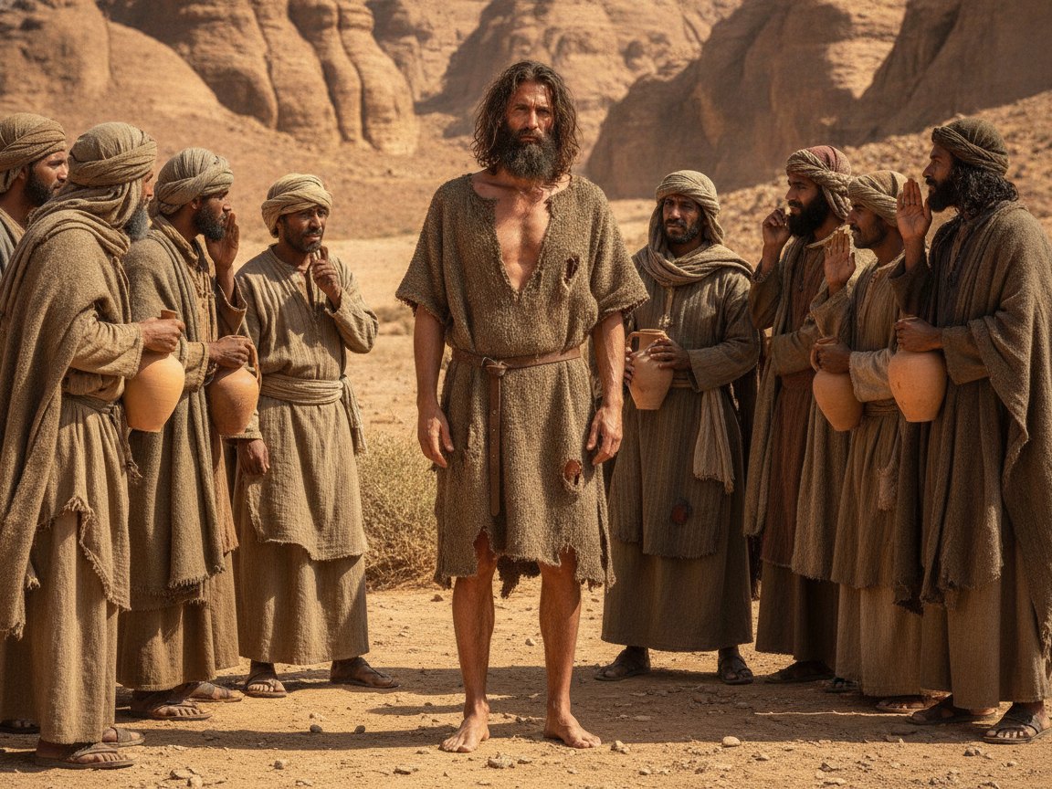 Figura solitária vestida de pelos de camelo no deserto ao amanhecer, evocando João Batista, o asceta acusado de ter demônio.