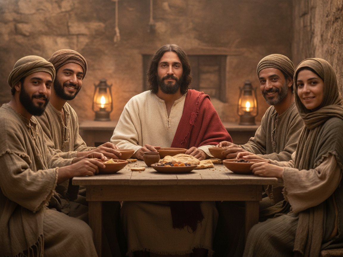 Jesus à mesa com publicanos e pecadores na Galileia, sendo criticado pelos líderes religiosos