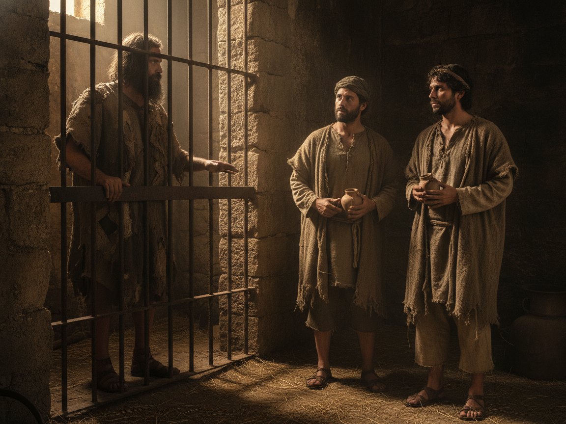 João Batista preso numa cela de pedra, enviando seus discípulos a Jesus