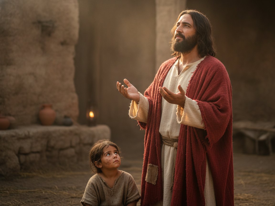 Jesus em oração, com as mãos erguidas ao céu, cercado por pessoas simples do povo enquanto homens de vestes de mestre observam à distância.
