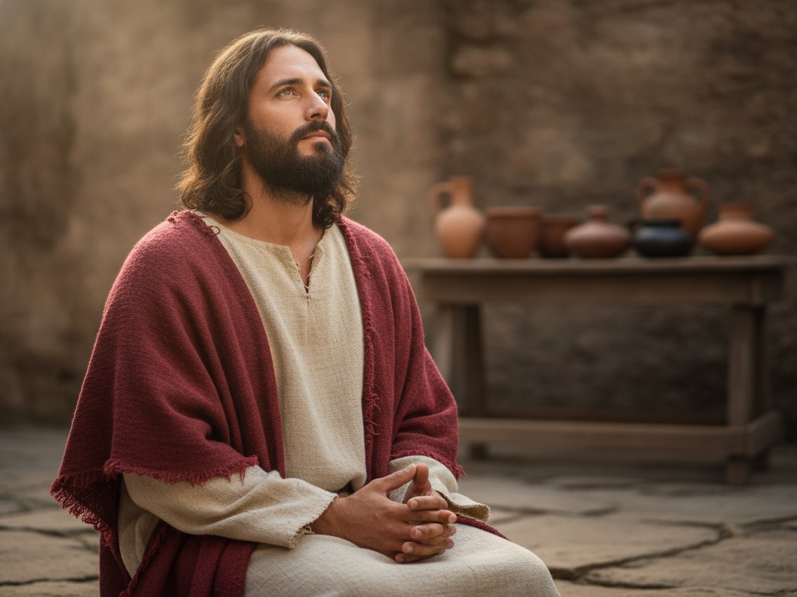 Jesus ajoelhado em oração ao entardecer, rosto sereno voltado para cima, mãos abertas em sinal de entrega.