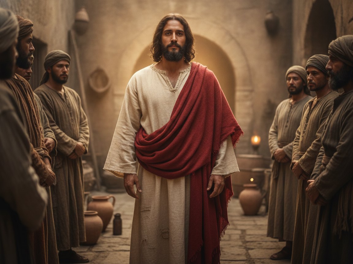 Jesus de pé diante de discípulos atentos, uma das mãos sobre o peito, luz do alto descendo sobre ele, indicando autoridade e revelação.