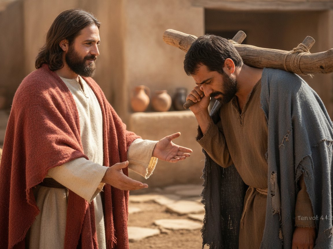 Pessoas cansadas, curvadas sob cargas, caminhando em direção a Jesus, que estende as mãos abertas para recebê-las.