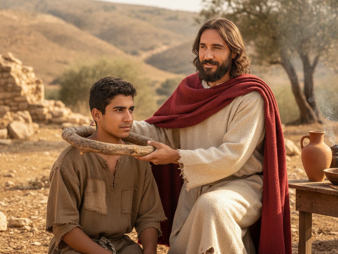 Dois bois sob o mesmo jugo de madeira arando um campo, ao lado a figura de Jesus caminhando junto, como parceiro na carga.