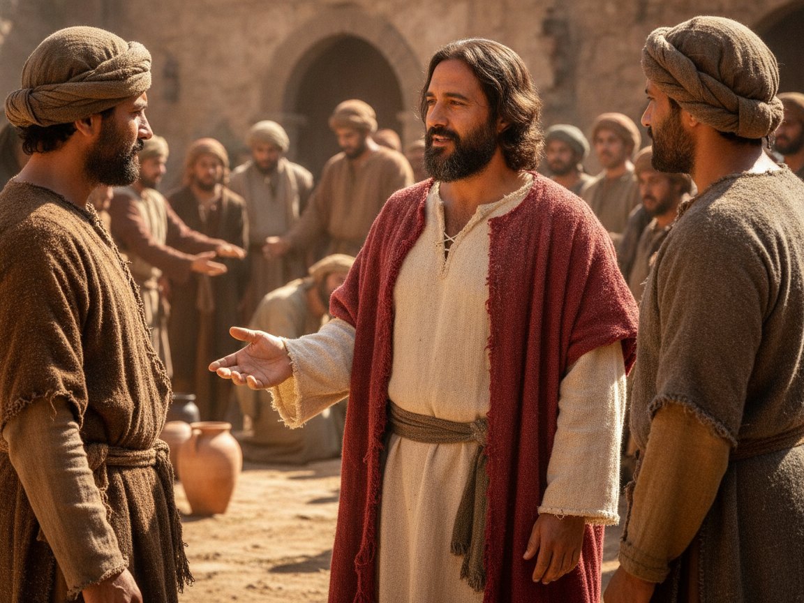 Jesus falando com os discípulos de João, apontando para os que ele acabou de curar