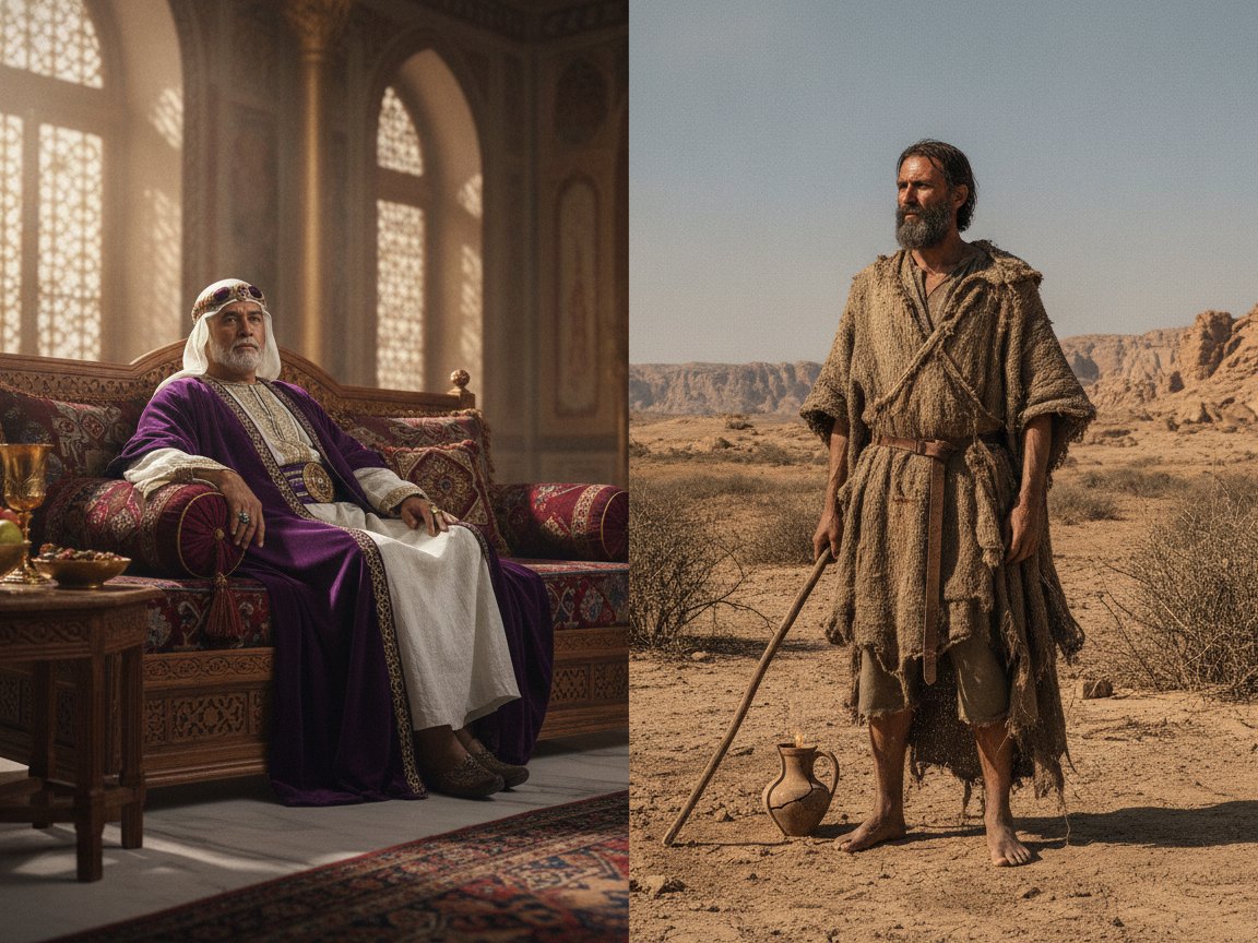 Contraste entre roupa de pelo de camelo no deserto e vestes finas de linho num palácio real