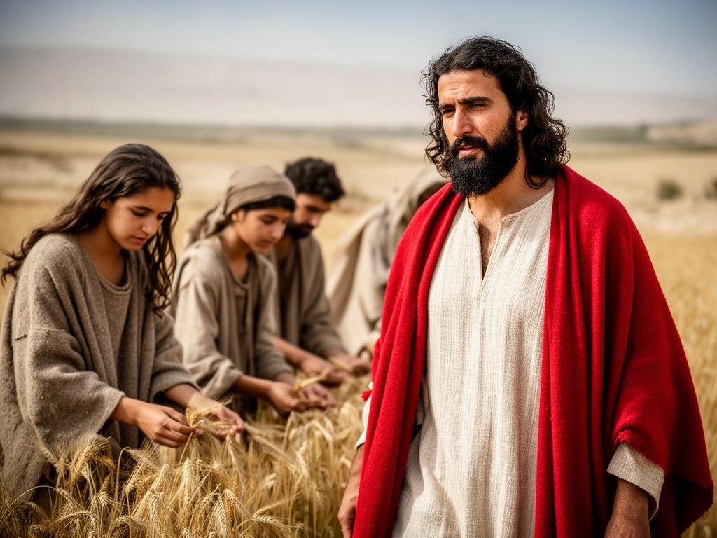 Discípulos famintos caminhando por uma plantação de trigo, colhendo espigas com as mãos ao lado de Jesus, num dia de sábado.