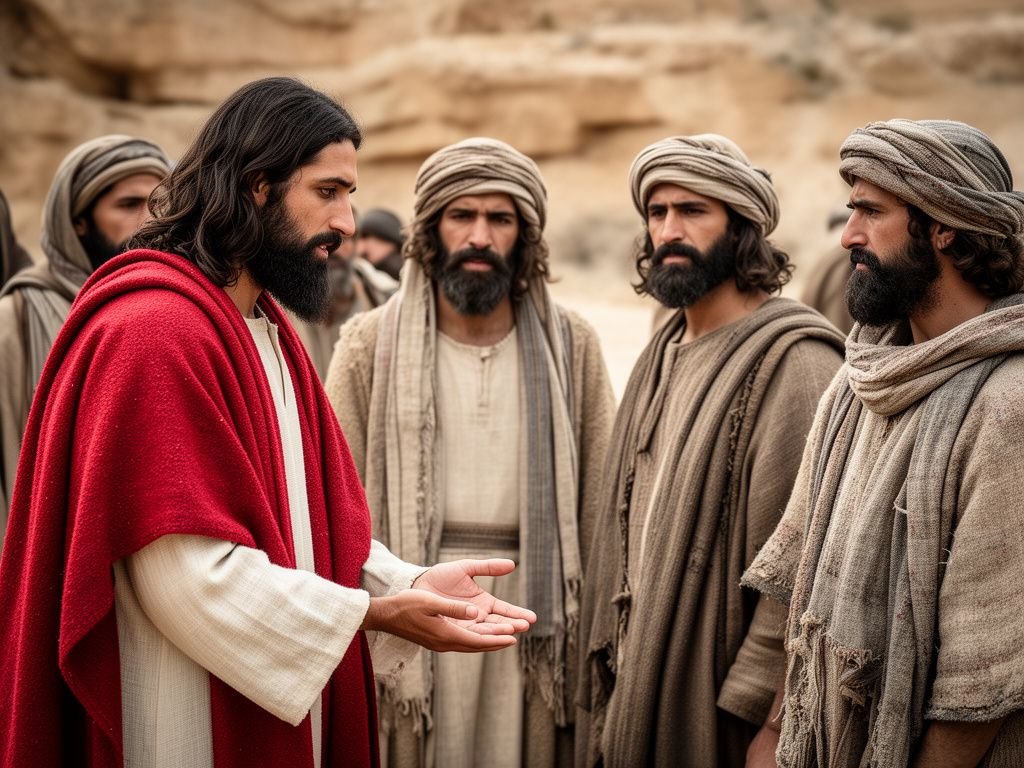 Na sinagoga, Jesus estende a mao para curar o homem da mao ressequida no sabado, enquanto os fariseus observam; ao lado, a imagem da ovelha resgatada do buraco.