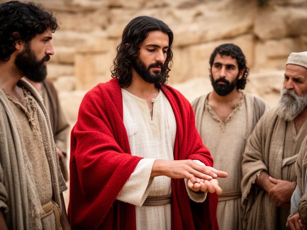Na sinagoga, no sabado, Jesus ordena ao homem que estenda a mao ressequida e ela e restaurada sa como a outra, enquanto os fariseus observam.