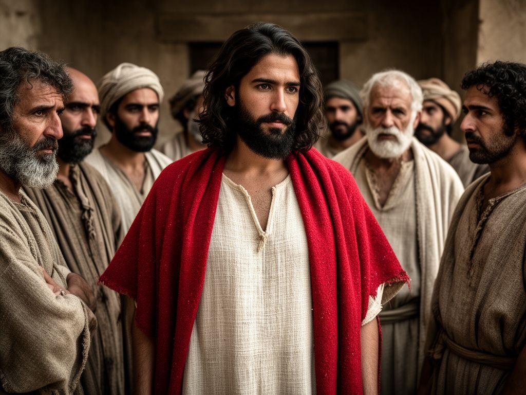 Fariseus reunidos fora da sinagoga, em conselho sombrio, tramando contra Jesus depois da cura no sabado; contraste entre a luz do interior e as sombras da conspiracao.