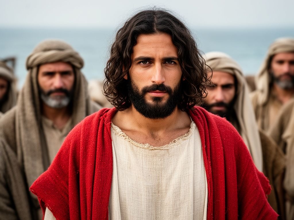 Jesus se retira da multidao ao lado do mar da Galileia enquanto grandes multidoes o seguem em busca de cura; luz suave evoca a mansidao do Servo de Isaias.