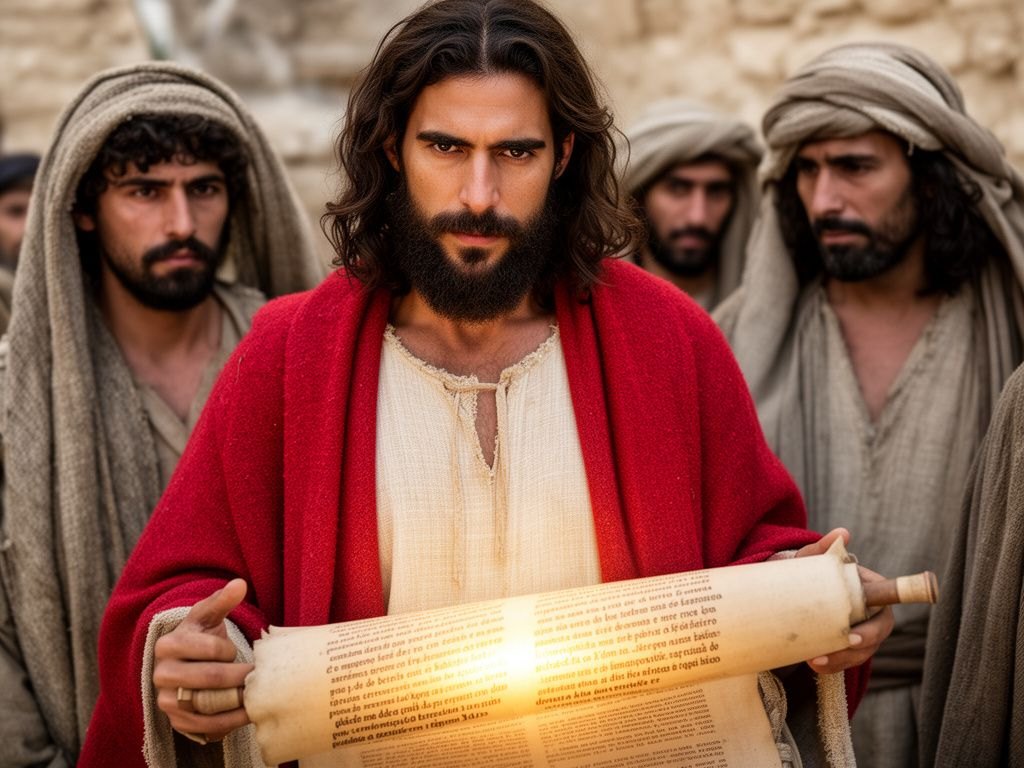 Um antigo rolo do profeta Isaias aberto, com a luz destacando as palavras do Cantico do Servo, evocando o cumprimento das Escrituras em Jesus.