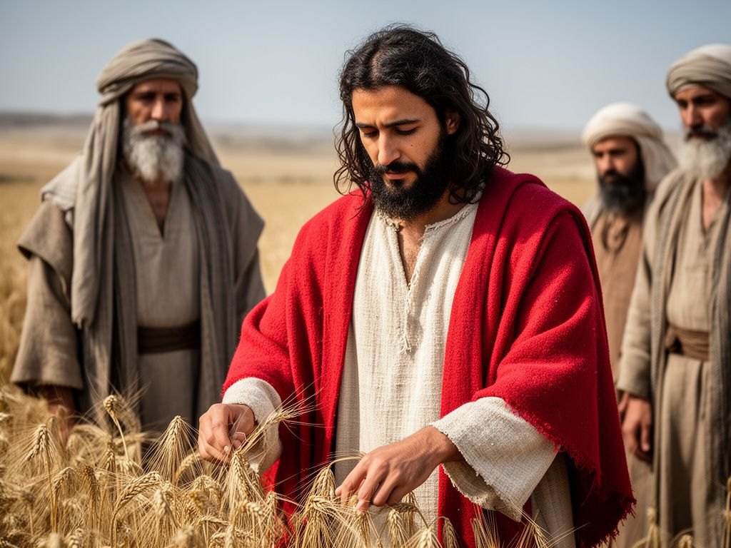 Discipulos de Jesus colhendo espigas de trigo num campo enquanto fariseus observam