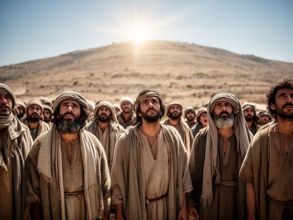 Multidao de povos de diferentes nacoes olhando para uma luz ao longe sobre uma colina; a imagem evoca as nacoes que poem a esperanca no nome do Servo manso de Isaias 42, o clima universalista de Mateus 12:21.