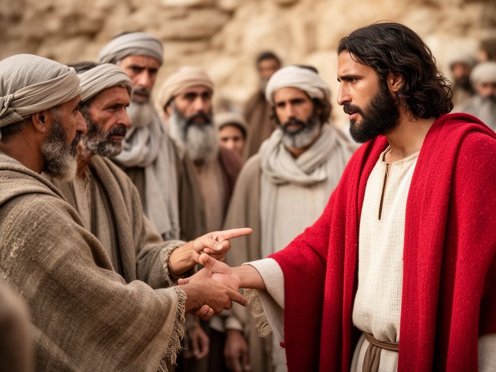 Lideres religiosos apontando com desconfianca para uma cena de cura, insinuando que o poder de Jesus viria de Belzebu, o principe dos demonios - a difamacao que nao nega o milagre, mas inverte a sua fonte.