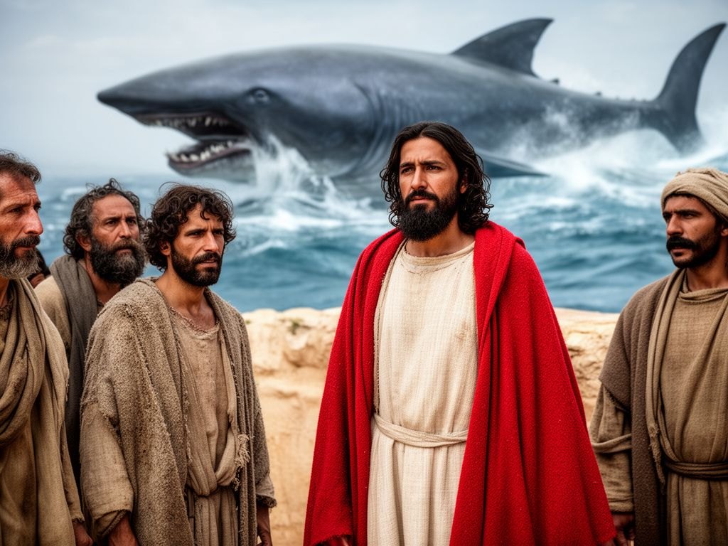 Escribas e fariseus exigindo um sinal do ceu e Jesus recusando o espetaculo, ao fundo a figura de Jonas saindo do grande peixe - imagem do unico sinal reservado, a ressurreicao de Cristo apos tres dias no coracao da terra.