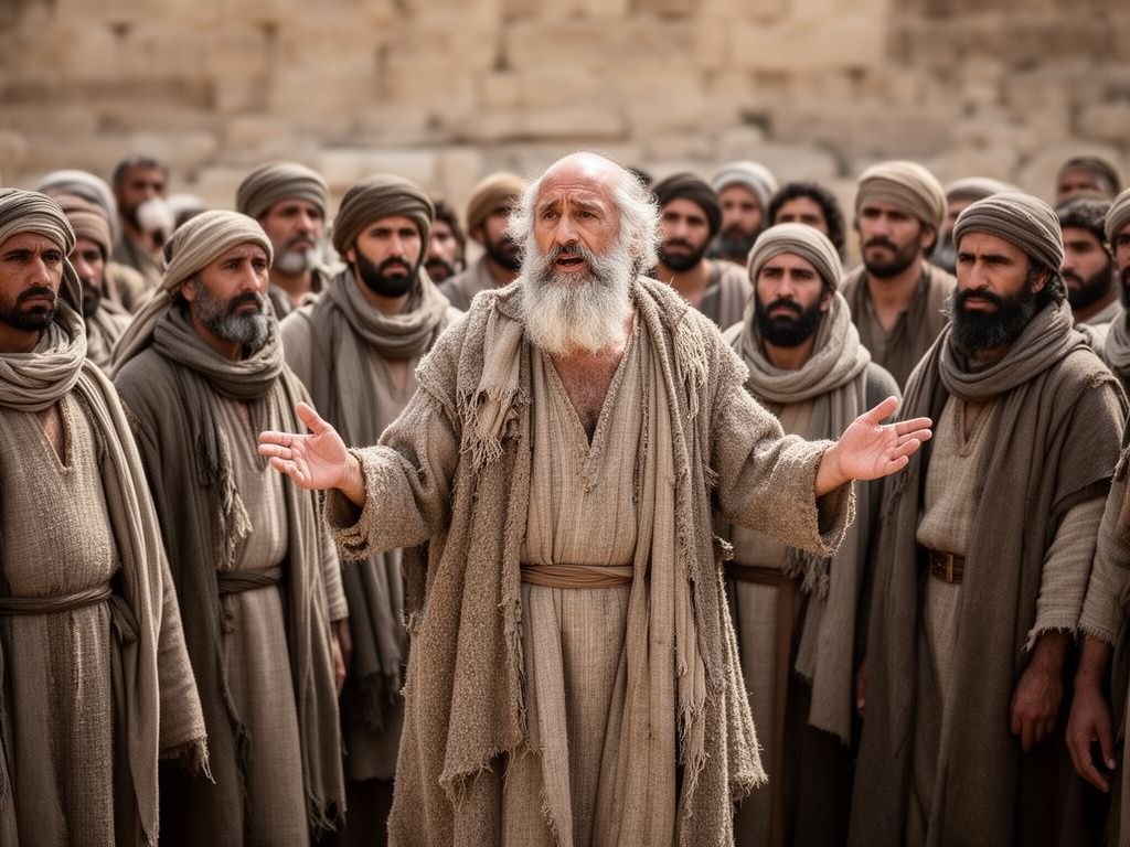 Os homens de Ninive se levantando como testemunhas no juizo diante da geracao de Israel; ao centro, a pregacao de Jonas e a realidade maior que ele.