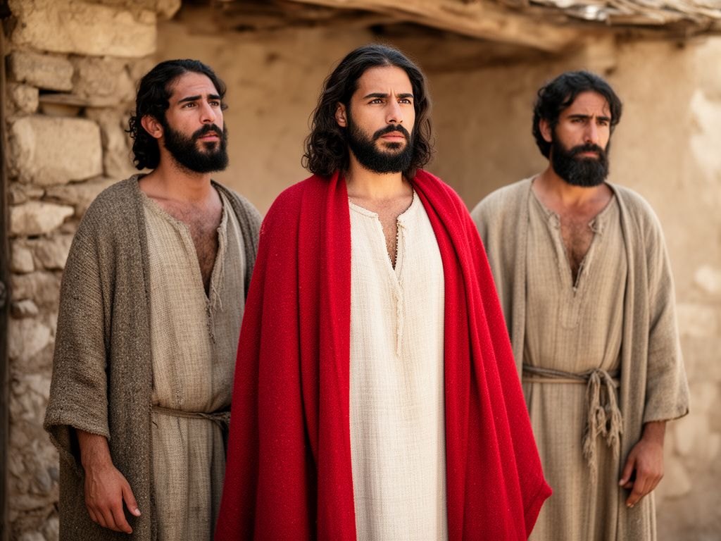 Maria e os irmãos de Jesus parados do lado de fora de uma casa cheia, procurando falar com Jesus enquanto ele ensina às multidões.