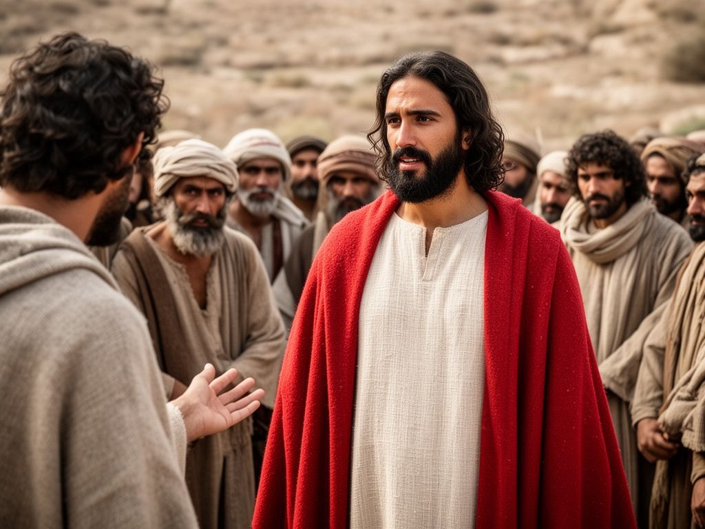 Mensageiro anônimo aproximando-se de Jesus, que ensina cercado pela multidão, para avisar que sua mãe e seus irmãos estão do lado de fora querendo falar com ele.