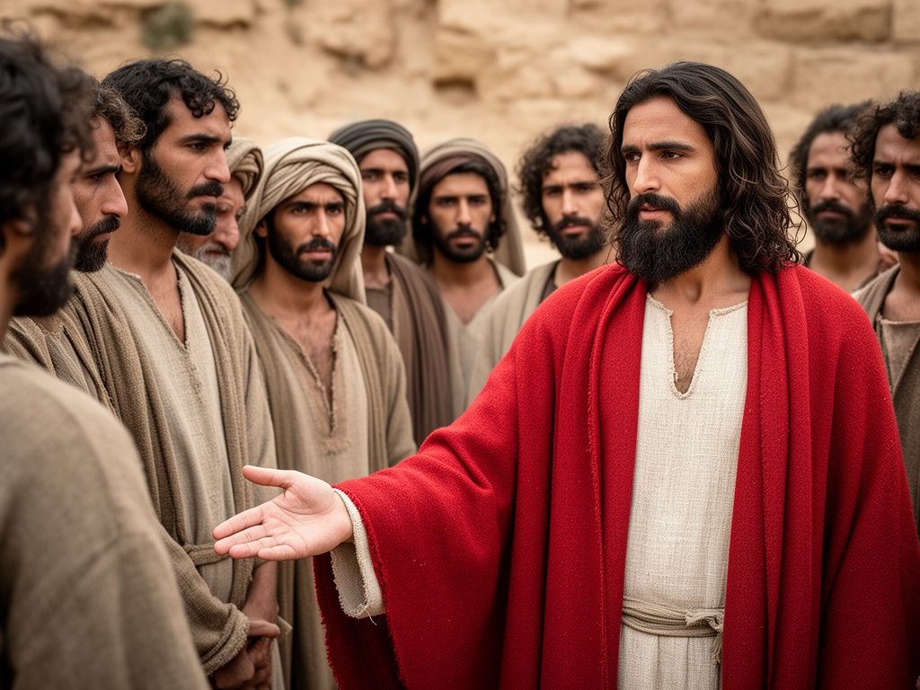 Uma mao estendida sobre um grupo de discipulos reunidos, enquanto a familia segundo o sangue aguarda do lado de fora - o gesto de Jesus designando os seus como mae e irmaos, a nova familia formada em torno dele.