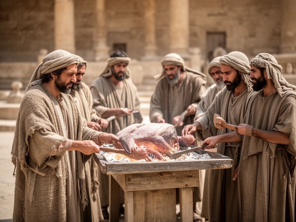Sacerdotes oferecendo os sacrificios do sabado no atrio do templo de Jerusalem, o trabalho ritual que a propria Lei ordena no dia de descanso.