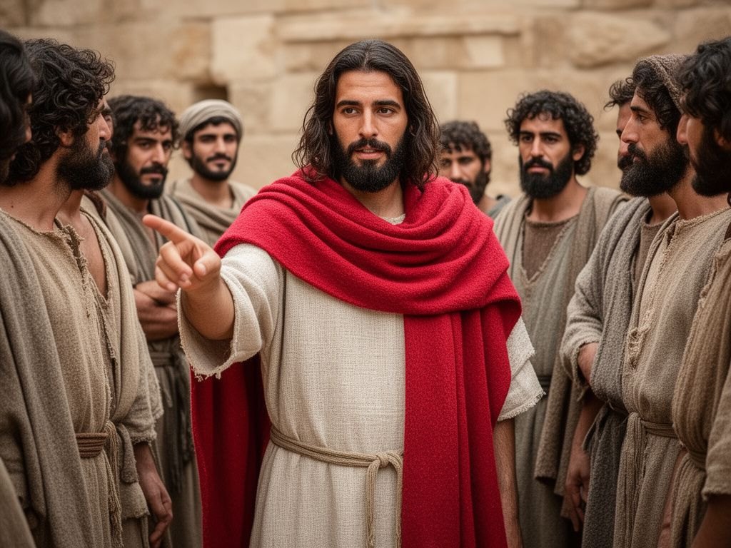 Jesus apontando para os discipulos reunidos ao seu redor enquanto a mae e os irmaos aguardam do lado de fora - a verdadeira familia definida por fazer a vontade do Pai que esta nos ceus, e nao pelos lacos de sangue.