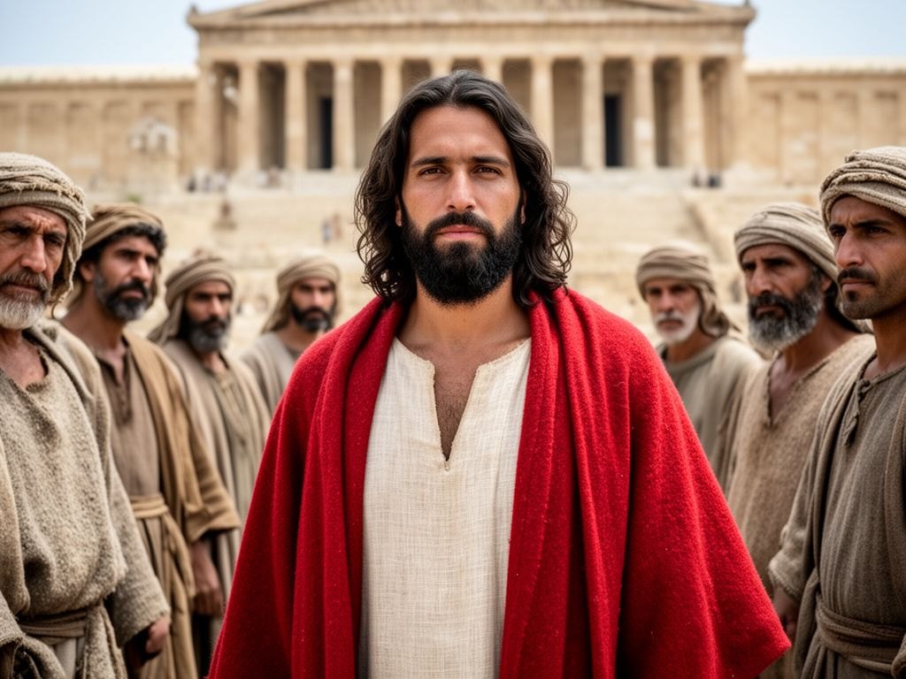 O Templo de Jerusalem ao fundo e Jesus em primeiro plano diante dos fariseus; a presenca de Deus se desloca do santuario de pedra para Cristo.