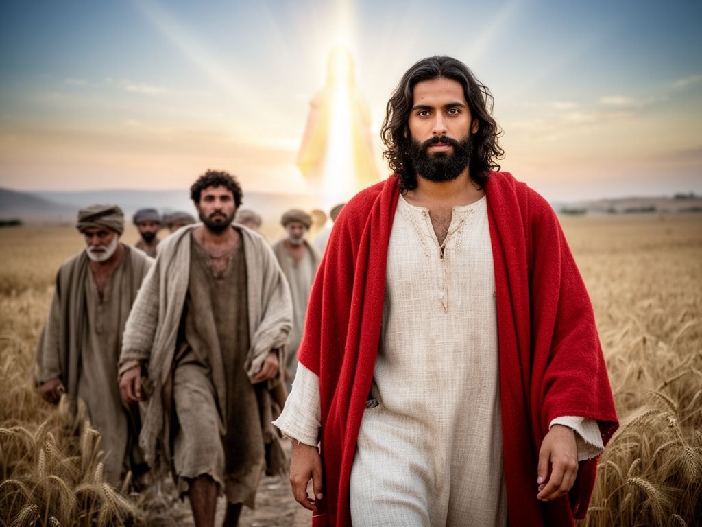 Jesus caminha com os discipulos por um campo de trigo ao entardecer no sabado; ao fundo, luz que evoca a figura celestial do Filho do homem de Daniel 7.