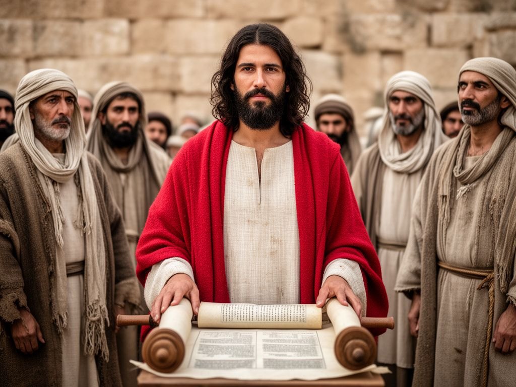 Jesus entra numa sinagoga da Galileia no sabado, sob os olhares atentos da lideranca religiosa; o rolo da Tora ao centro evoca o espaco da leitura da Palavra.