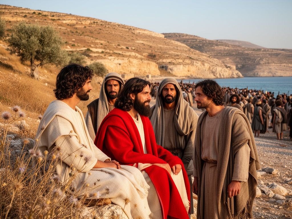Jesus sentado à beira do mar da Galileia num pequeno grupo de discípulos que se aproximam para conversar de perto, luz suave do fim de tarde, cena serena do primeiro século, ao fundo a multidão dispersa na praia.
