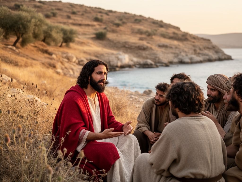 Jesus, homem do Oriente Médio no início dos 30 anos, túnica de linho creme e manto vermelho, sentado à beira do mar da Galileia ao amanhecer, ensinando de perto um pequeno grupo de discípulos reunidos ao seu redor, à parte da multidão. Cena serena do primeiro século, luz natural dourada.