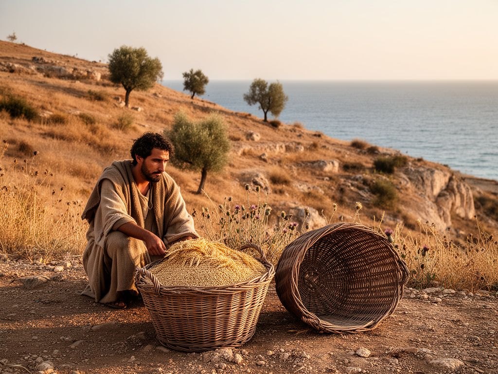 Dois cestos de vime sobre a terra batida à beira do mar da Galileia: um transbordando de grãos dourados de trigo, o outro vazio e tombado ao lado; luz quente do fim de tarde, ambiente sereno do primeiro século, sem pessoas.