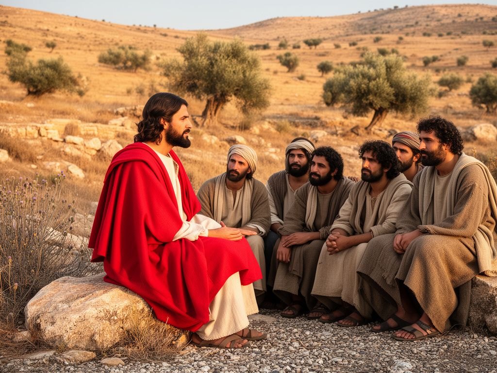 Jesus sentado num barco de madeira encostado à margem do mar da Galileia ao entardecer, ensinando uma multidão reunida na praia; águas calmas, colinas suaves ao fundo, luz dourada, ambiente sereno do primeiro século, sem texto.