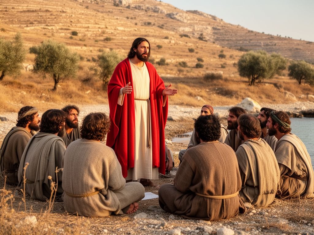 Jesus sentado ensinando uma multidão reunida na encosta à beira do mar da Galileia ao entardecer, a luz dourada e suave sobre o grupo que escuta, ambiente sereno do primeiro século