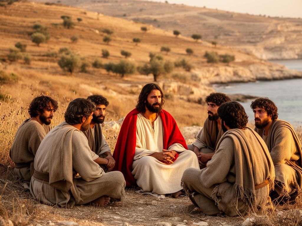 Jesus sentado ensinando um pequeno grupo de discípulos à beira do mar da Galileia, ao entardecer dourado, ambiente sereno do primeiro século, sem multidão