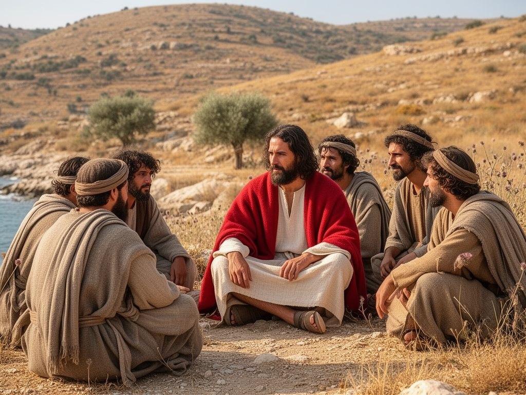 Jesus sentado ensinando um pequeno grupo de discípulos atentos à beira do mar da Galileia, os rostos voltados para ele e iluminados pela luz suave da manhã, ouvindo com atenção, ambiente sereno do primeiro século.