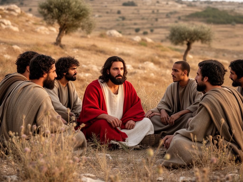 Jesus sentado ao ar livre ensinando de perto um pequeno grupo de discípulos atentos, num cenário rural sereno da Galileia do primeiro século, luz dourada e suave do fim da tarde.