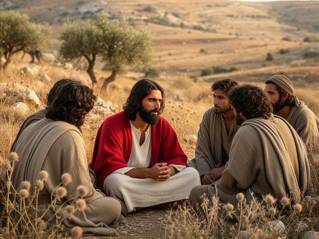 Jesus sentado em terra firme, explicando de perto e em reserva a um pequeno grupo de discípulos atentos, num cenário rural sereno da Galileia do primeiro século, sem barco e sem multidão, sob a luz suave e dourada do fim da tarde.