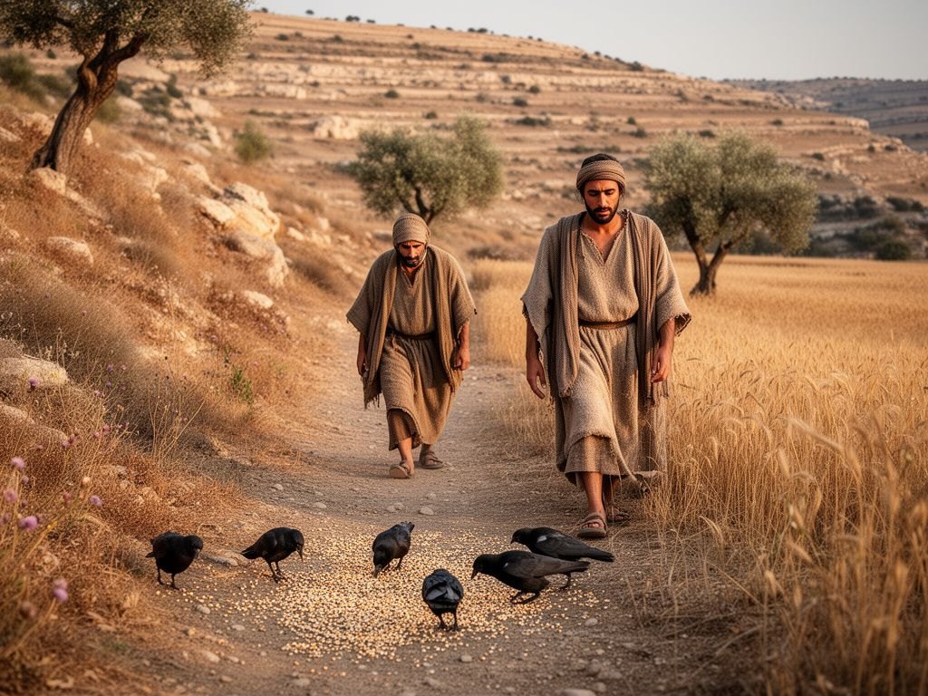 Um caminho de terra batida e endurecida cortando um campo de cereais no primeiro século; grãos de semente espalhados sobre o chão compactado da trilha e pássaros escuros descendo para bicá-los e levá-los embora; luz suave de fim de tarde, ambiente sereno, sem pessoas.