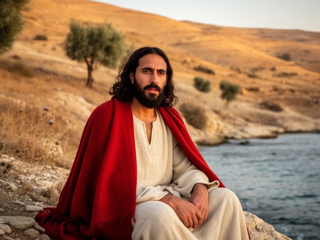 Jesus, um homem do primeiro século, sentado à beira do mar da Galileia ao entardecer, com as colinas verdes ao fundo e barcos de pesca na margem tranquila; a água calma reflete a luz dourada enquanto ele toma lugar para ensinar.
