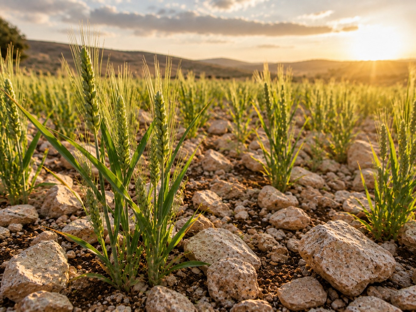 Brotos verdes despontando depressa num solo raso sobre a rocha, num campo da Palestina do primeiro século, luz natural suave, sem pessoas.